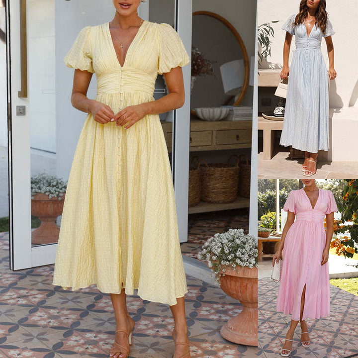 V-neck Puff Sleeve Long Dress