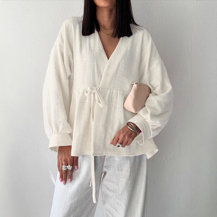 Shirt Women's Imitation Cotton And Linen Lace-up Stomach Blanket Long Sleeve Top