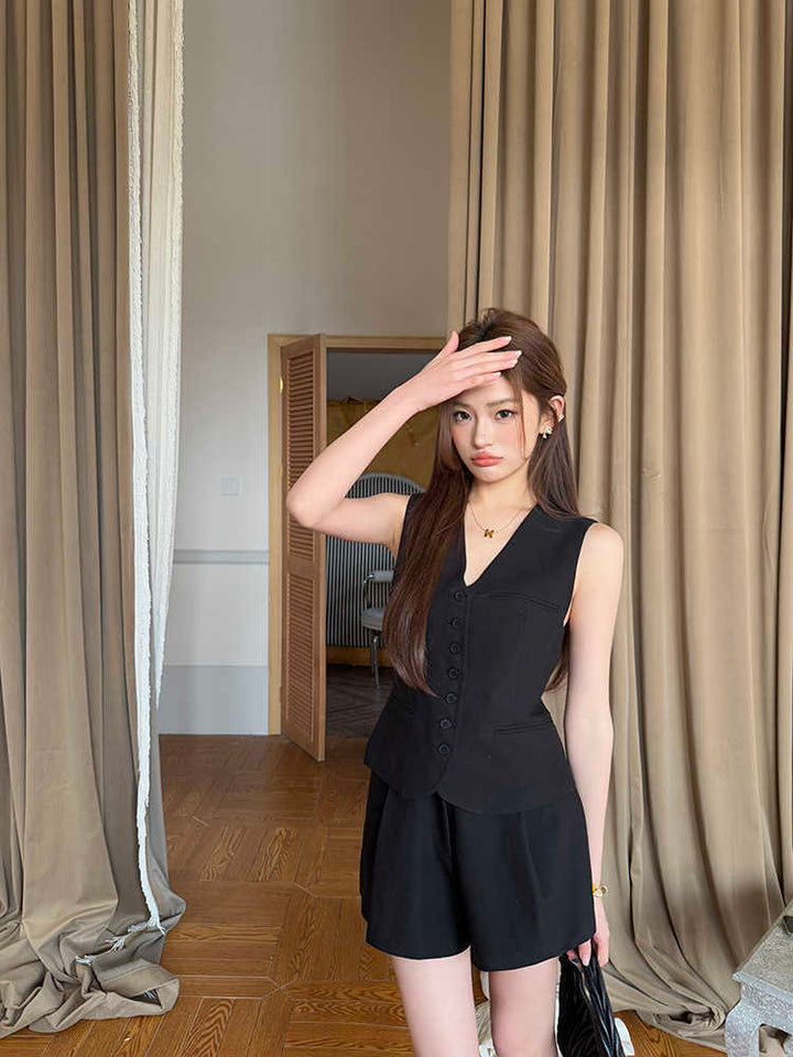 Black V-neck Top Suit Women's Vest Shorts Casual Suit