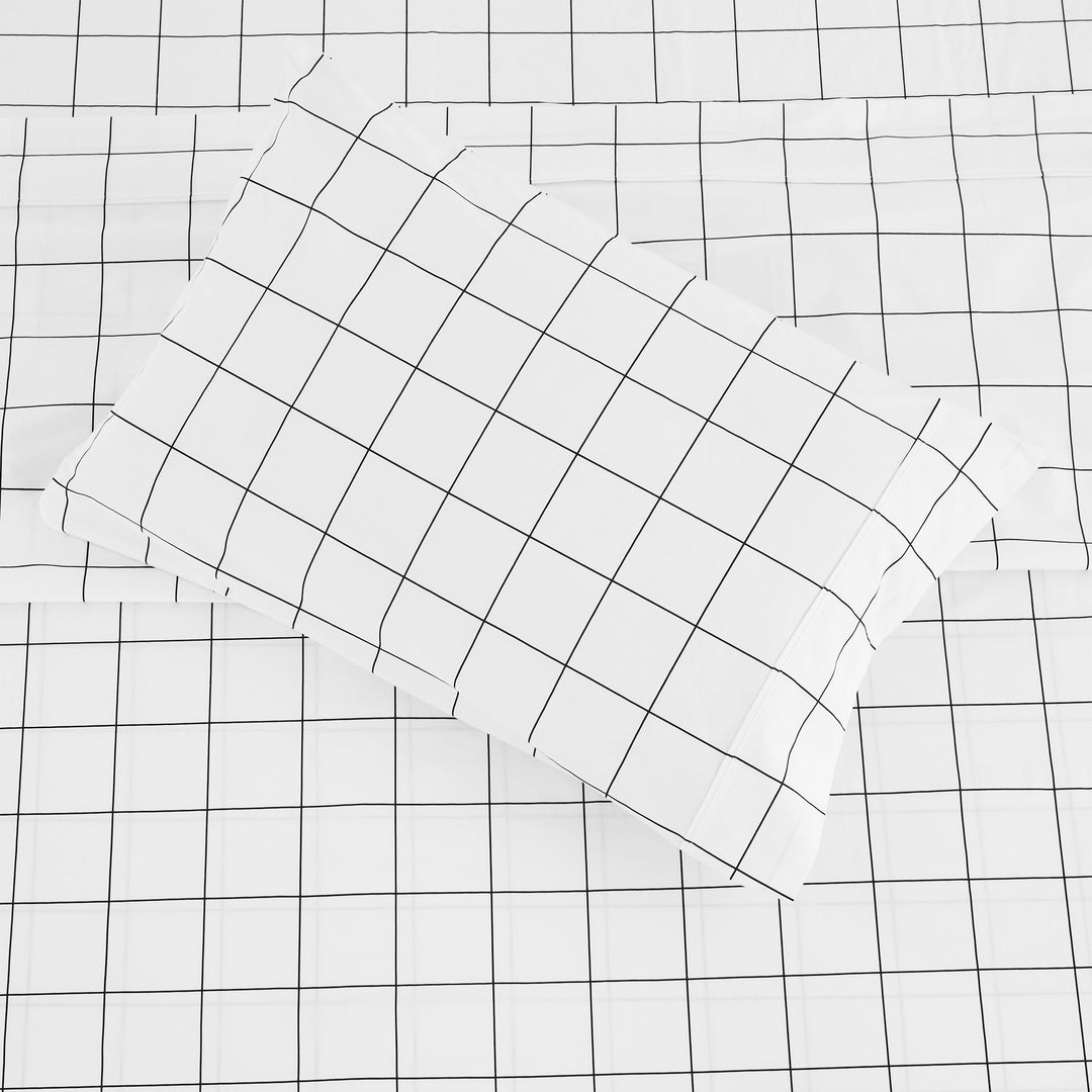 Grid Printed Cotton Percale Sheet Set