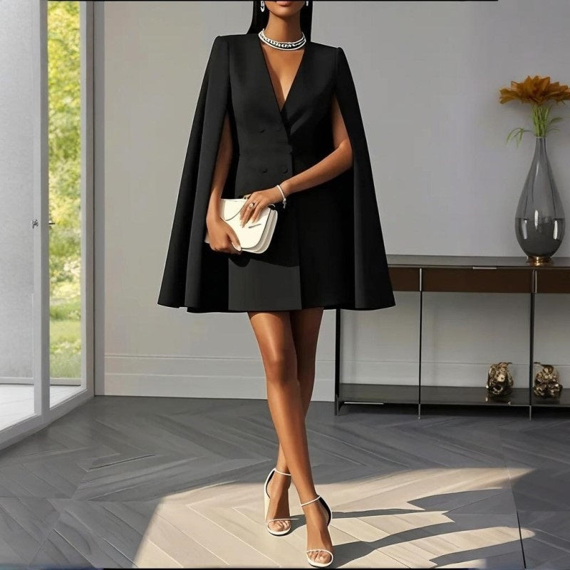 Elegant V Neck Double-Breasted Cape Blazer