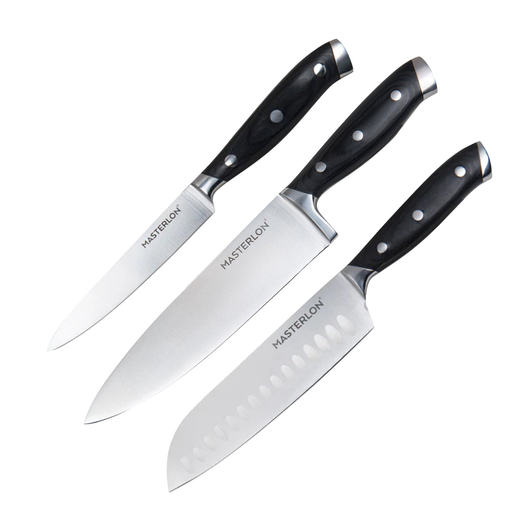 MASTERPAN Essential Chef’s Knife Bundle - 8" Chef’s Knife, 8" Slicer Knife & 7" Santoku Knife - Stainless Steel Blades with Protective Covers
