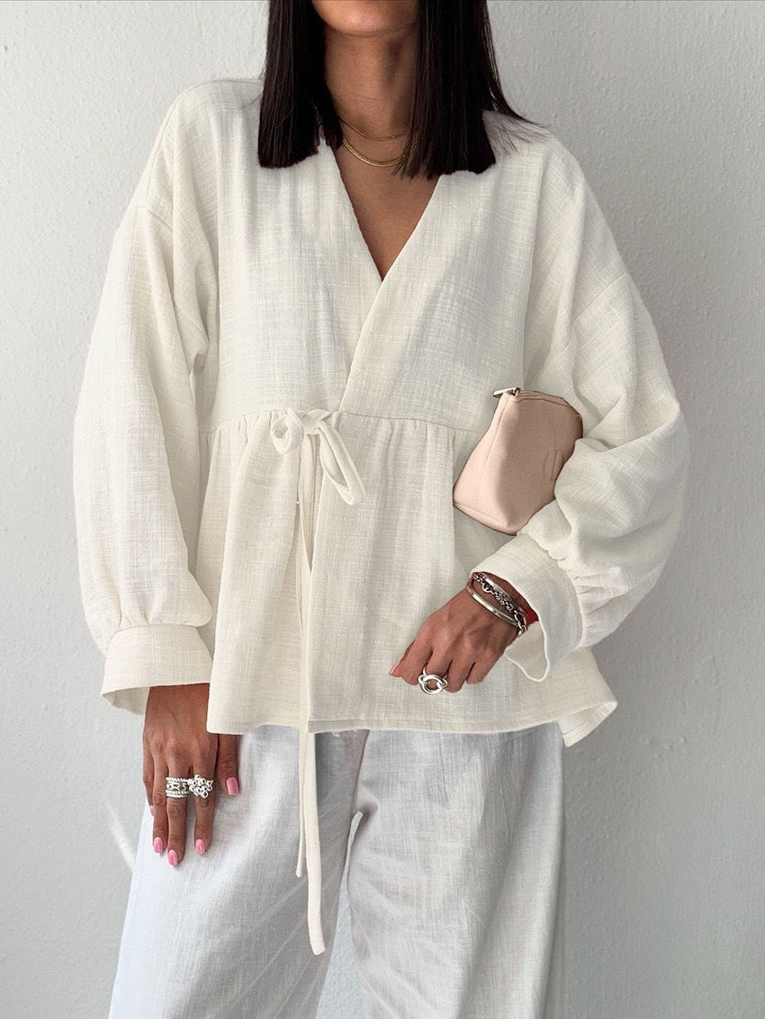 Shirt Women's Imitation Cotton And Linen Lace-up Stomach Blanket Long Sleeve Top