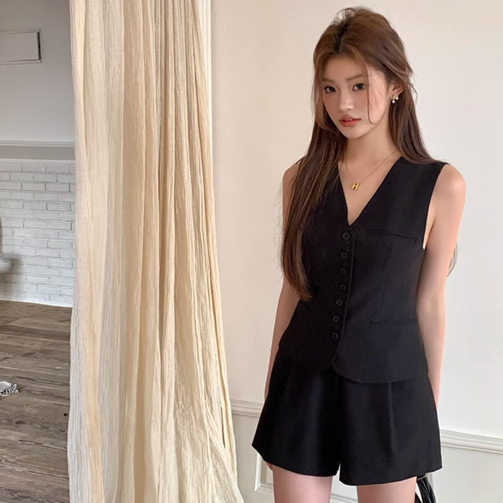 Black V-neck Top Suit Women's Vest Shorts Casual Suit