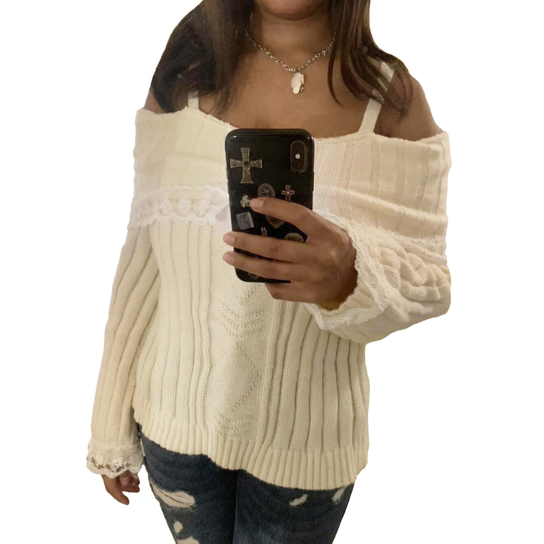 Off-Shoulder Lace-Trimmed Knit Sweater — Long Sleeve