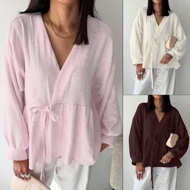 Shirt Women's Imitation Cotton And Linen Lace-up Stomach Blanket Long Sleeve Top