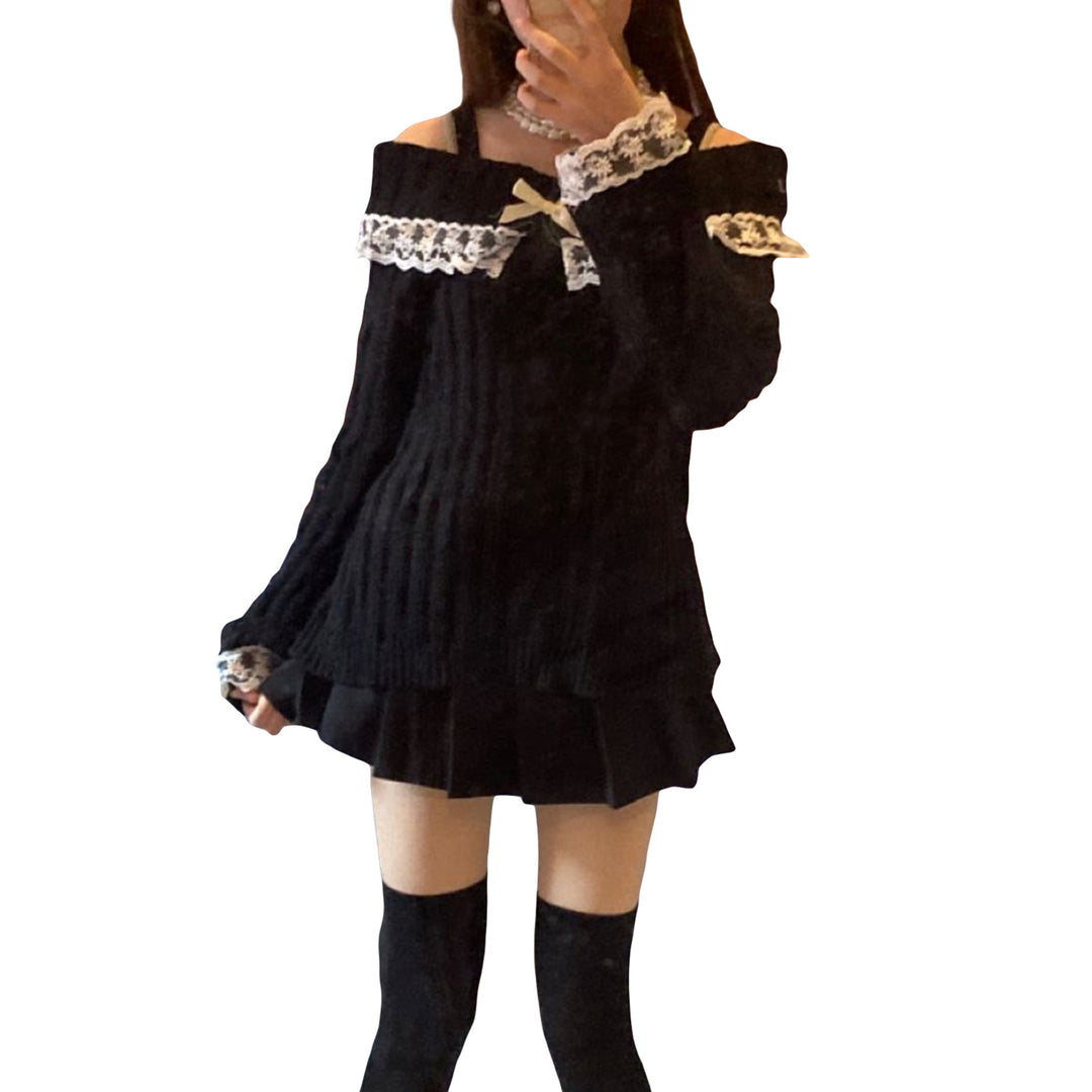 Off-Shoulder Lace-Trimmed Knit Sweater — Long Sleeve