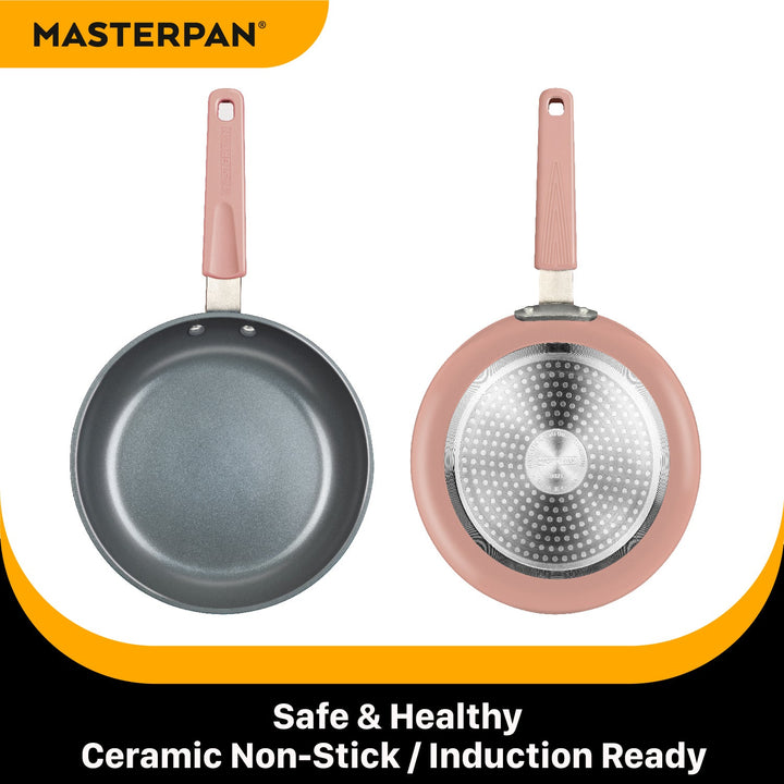MASTERPAN Ceramic Nonstick Stovetop Oven Frypan & Skillet & Stainless Steel Lid Set, Clay Color 9.5"(24cm)