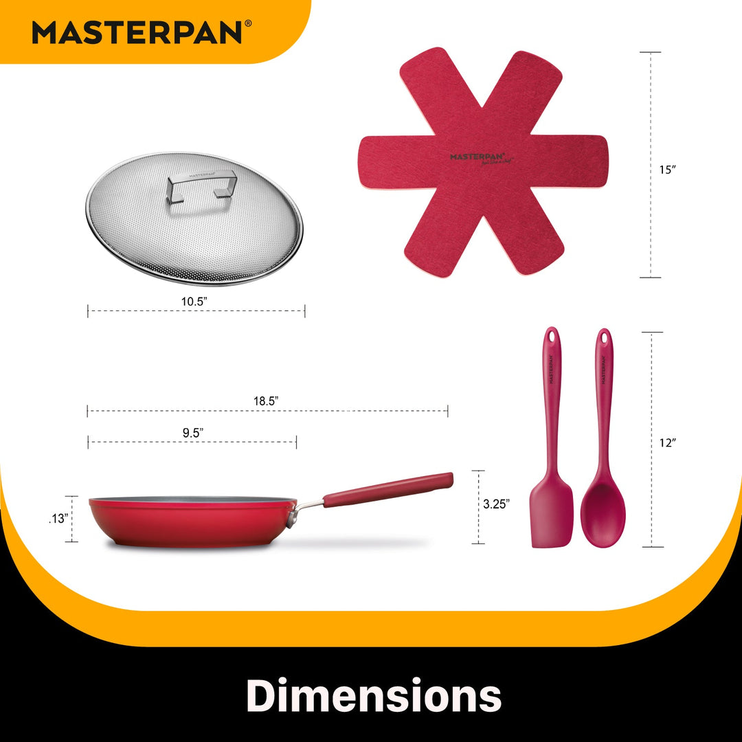 MASTERPAN Ceramic Nonstick Stovetop Oven Frypan & Skillet with Stainless Steel Lid & Utensils, Beet 9.5" (24cm)