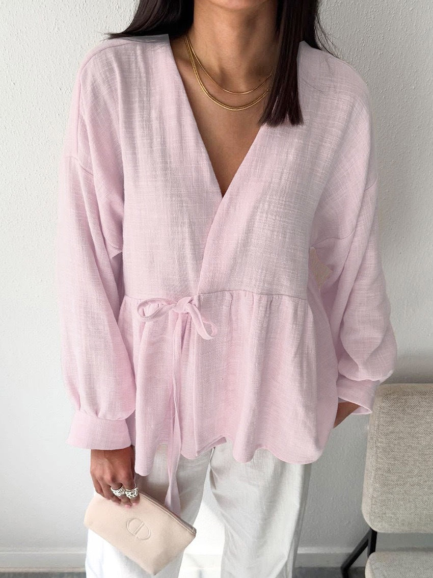 Shirt Women's Imitation Cotton And Linen Lace-up Stomach Blanket Long Sleeve Top