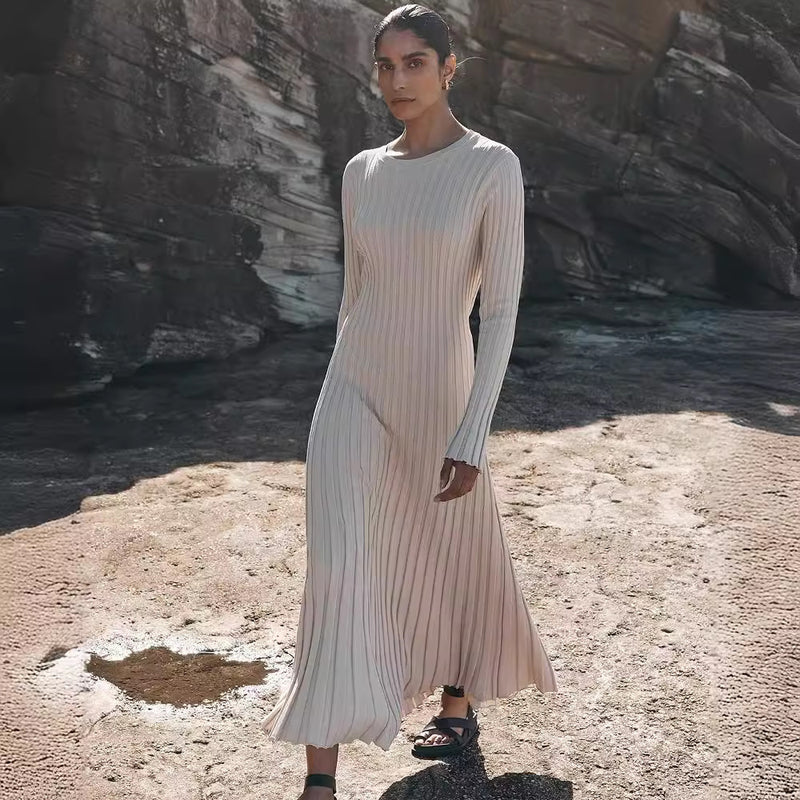Fashion Casual Solid Color Knitted Dress Round Neck Woolen Skirt