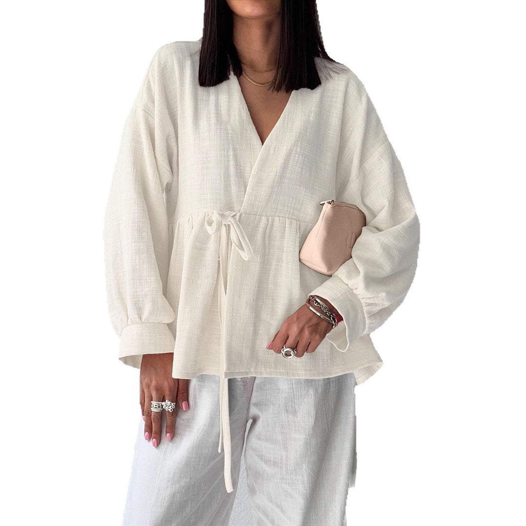 Shirt Women's Imitation Cotton And Linen Lace-up Stomach Blanket Long Sleeve Top