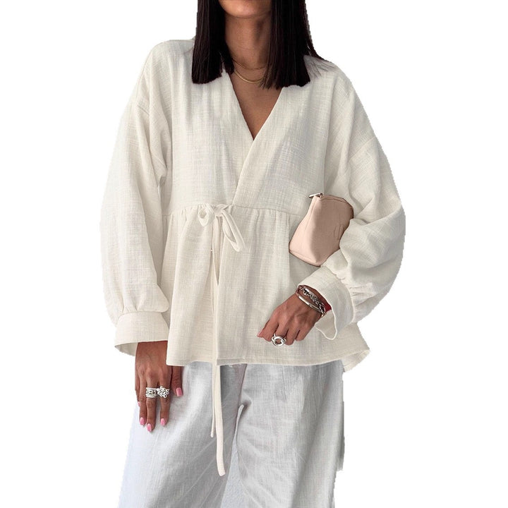 Shirt Women's Imitation Cotton And Linen Lace-up Stomach Blanket Long Sleeve Top