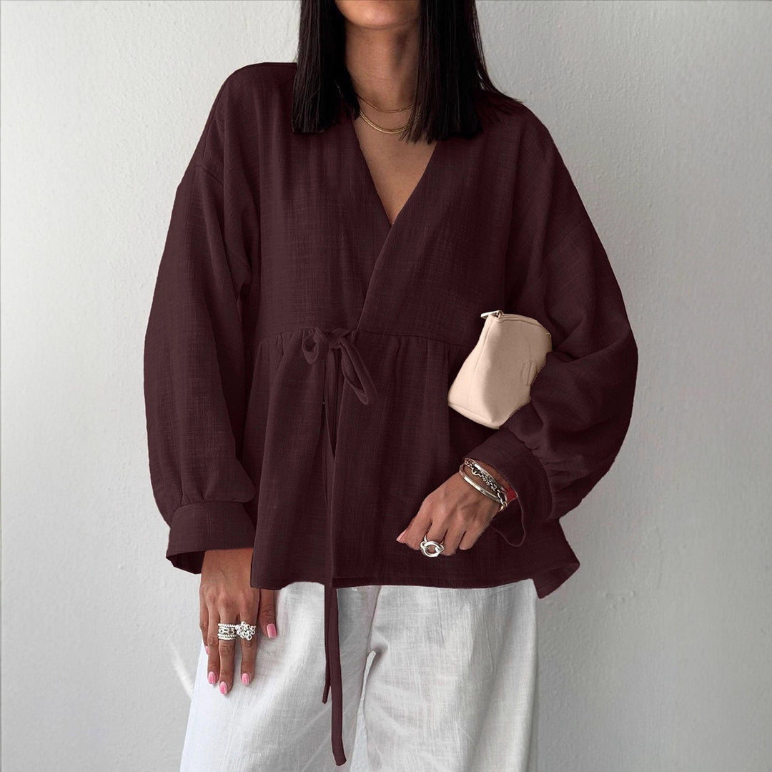 Shirt Women's Imitation Cotton And Linen Lace-up Stomach Blanket Long Sleeve Top