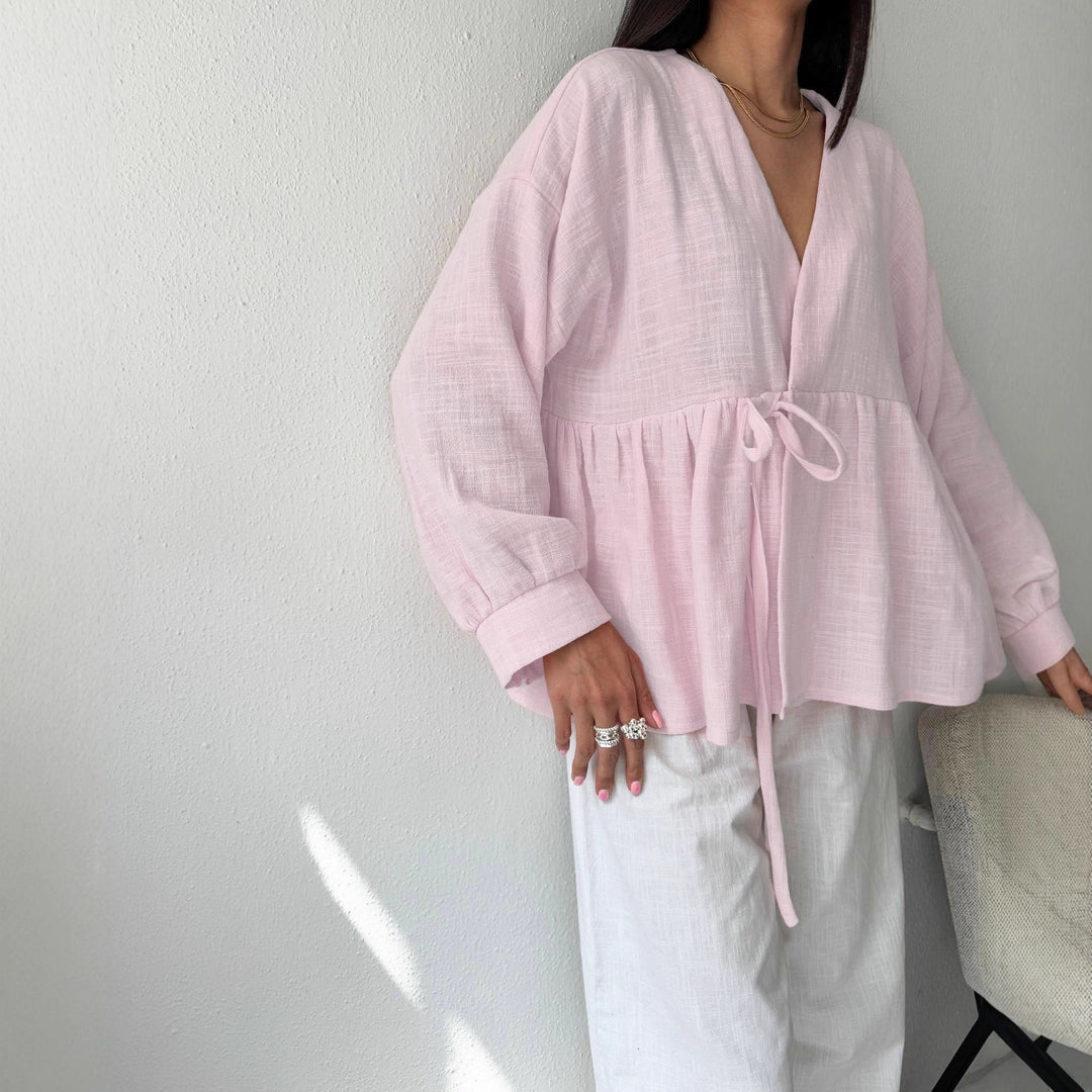 Shirt Women's Imitation Cotton And Linen Lace-up Stomach Blanket Long Sleeve Top