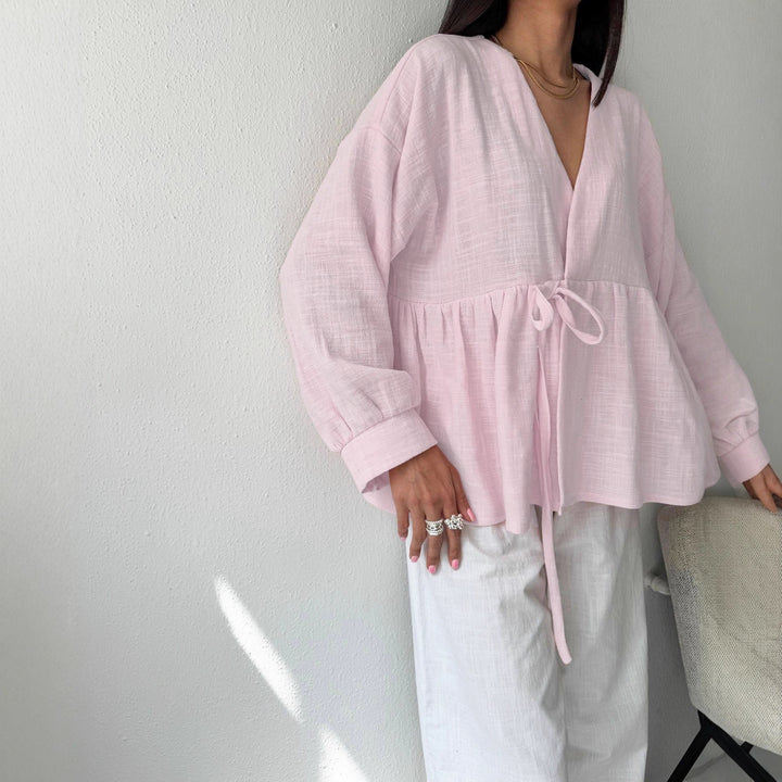 Shirt Women's Imitation Cotton And Linen Lace-up Stomach Blanket Long Sleeve Top